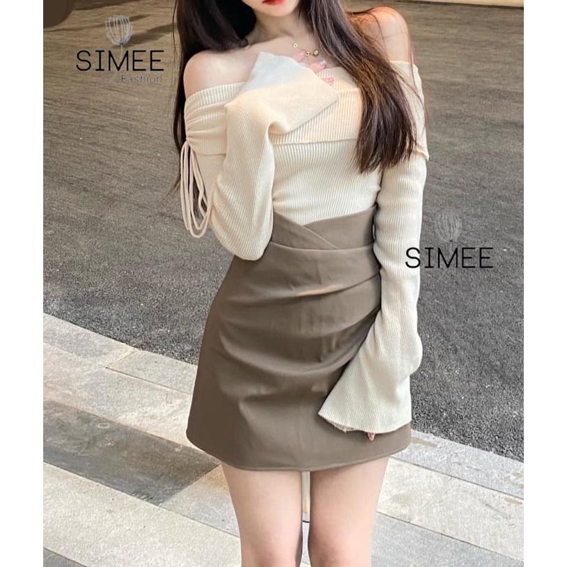 Set Áo Len Tăm Trễ Vai Mix Chân Váy Tuyết Mưa