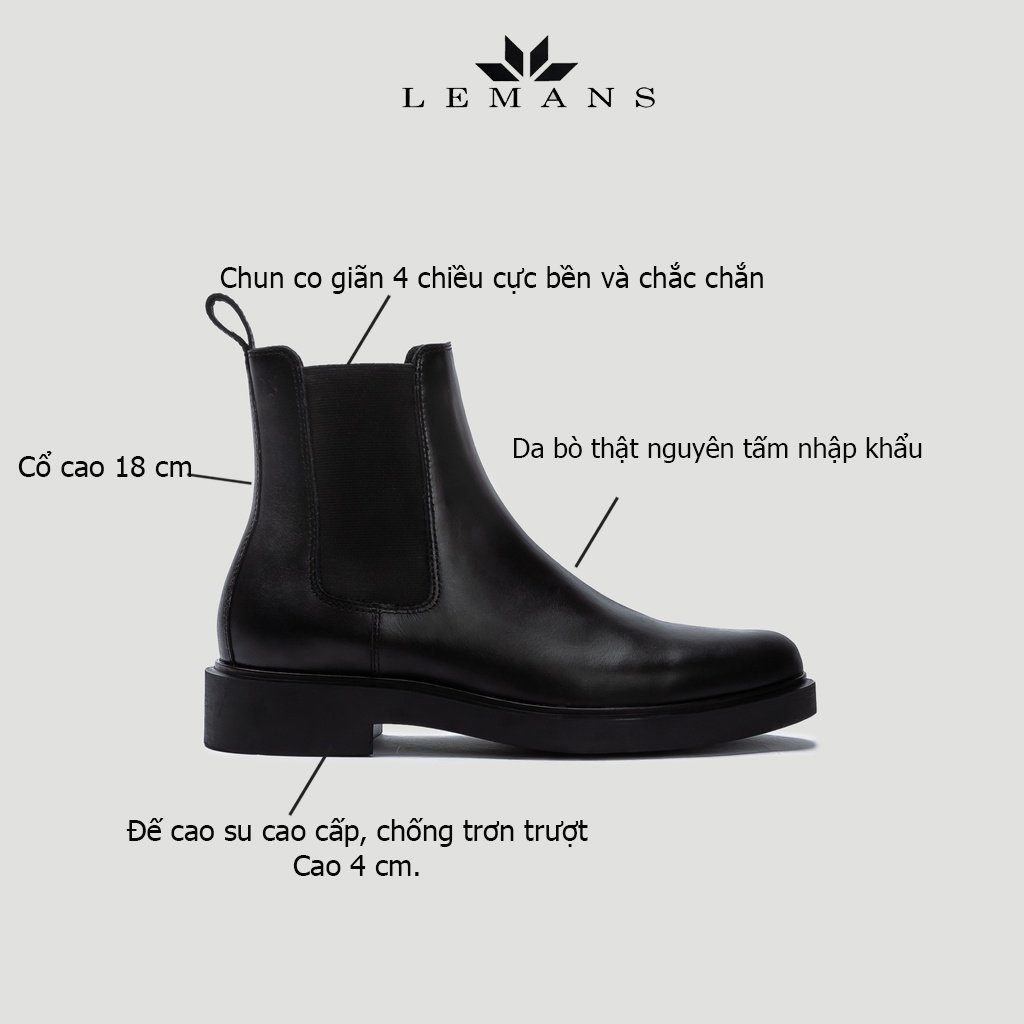 Giày da bò Chelsea Boots Black LEMANS CB66, đế Lemans cao 4cm, boot nam chelsea boot nam, bảo hành 12-24 tháng