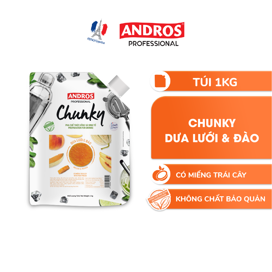Mứt Trái Cây Pha Chế Dưa Lưới & Đào - Có Miếng Trái Cây Thật - ANDROS CHUNKY - 1KG