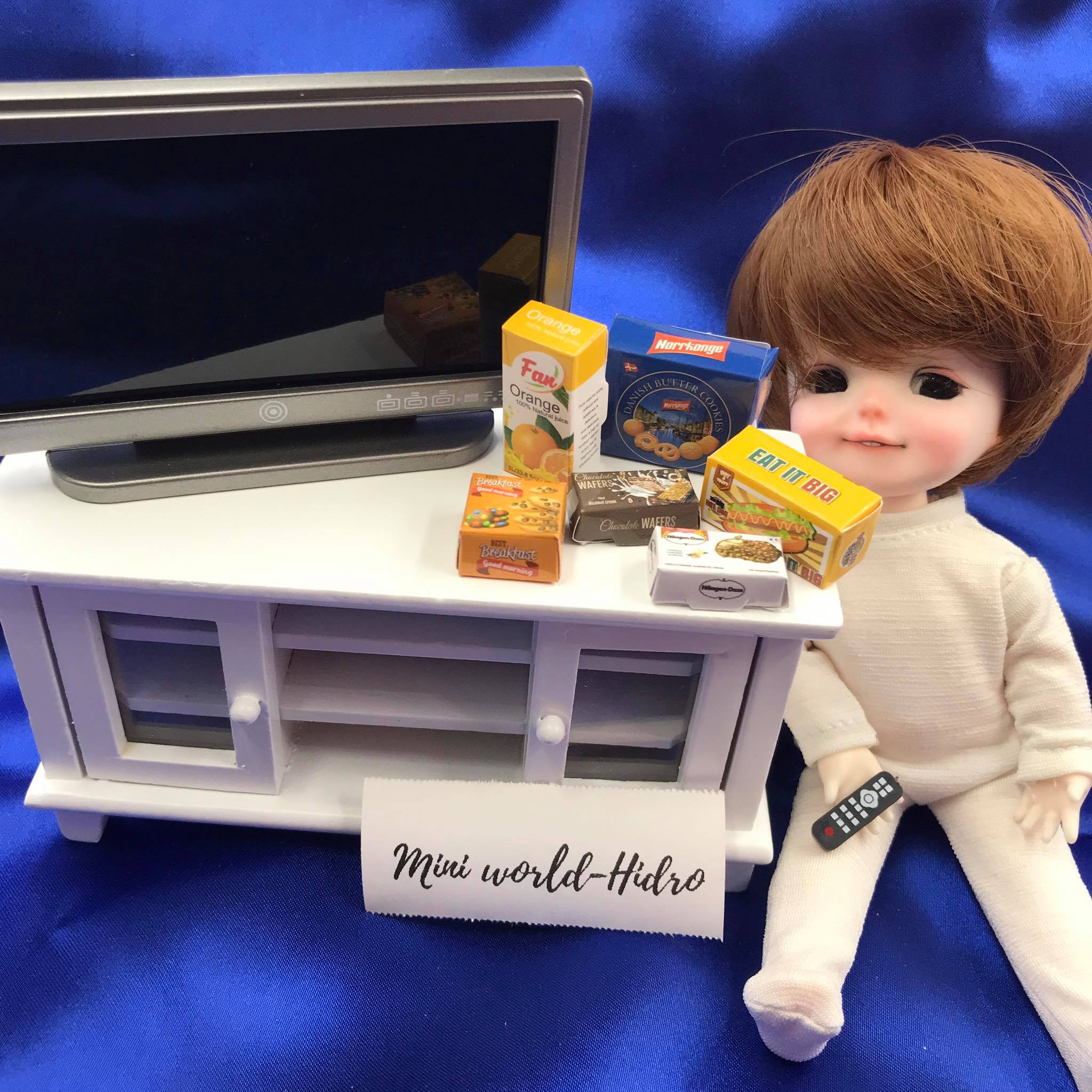 Combo hộp bánh kẹo nước cam bánh mì đồ hộp mini mô hình tí hon dùng cho trang trí nhà búp bê Barbie, BJD tỉ lệ 1/8, 1/12