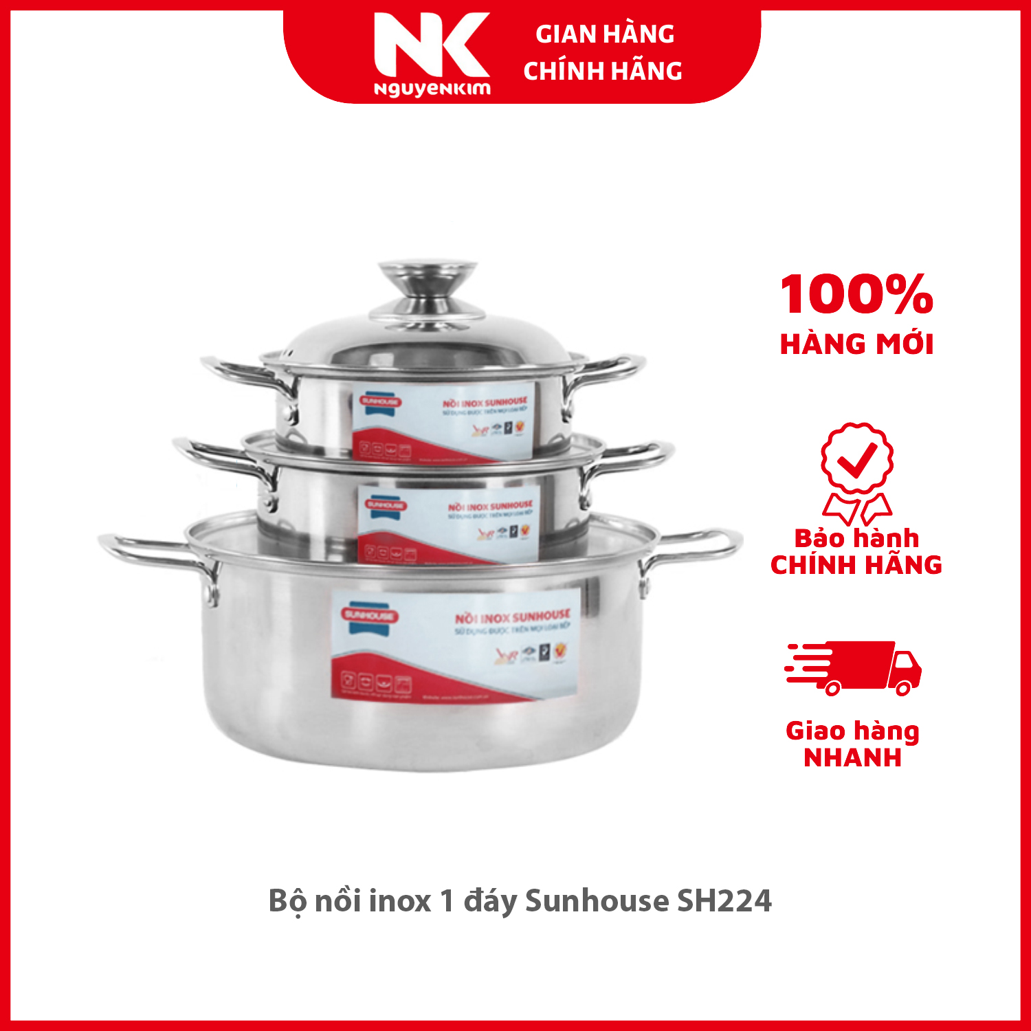 Bộ nồi inox 1 đáy Sunhouse SH224 - Hàng chính hãng