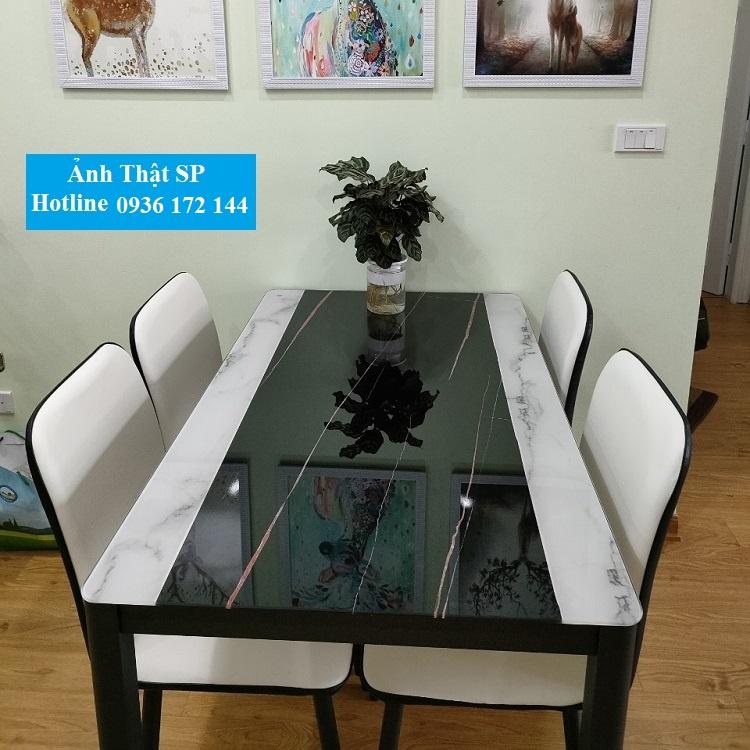 Bộ bàn ăn mặt kính cường lực vân đá cao cấp - Bộ bàn ăn 4 ghế da decor phòng ăn gia đình Có Ảnh Thật