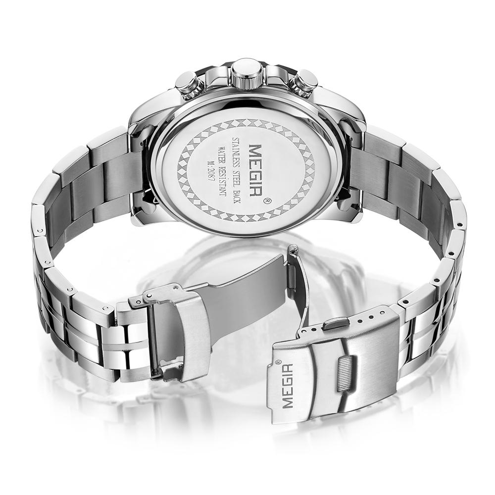 Đồng hồ Quartz Thể thao đơn giản Dây đeo bằng thép không gỉ 3ATM Lịch chống nước Chronograph Luminous MEGIR 2087 Nam