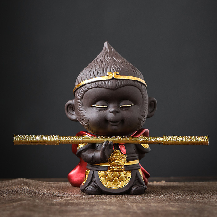 Tượng chibi Mỹ Hầu Vương baby cực dễ thương bằng gốm tử sa kèm gậy Như Ý