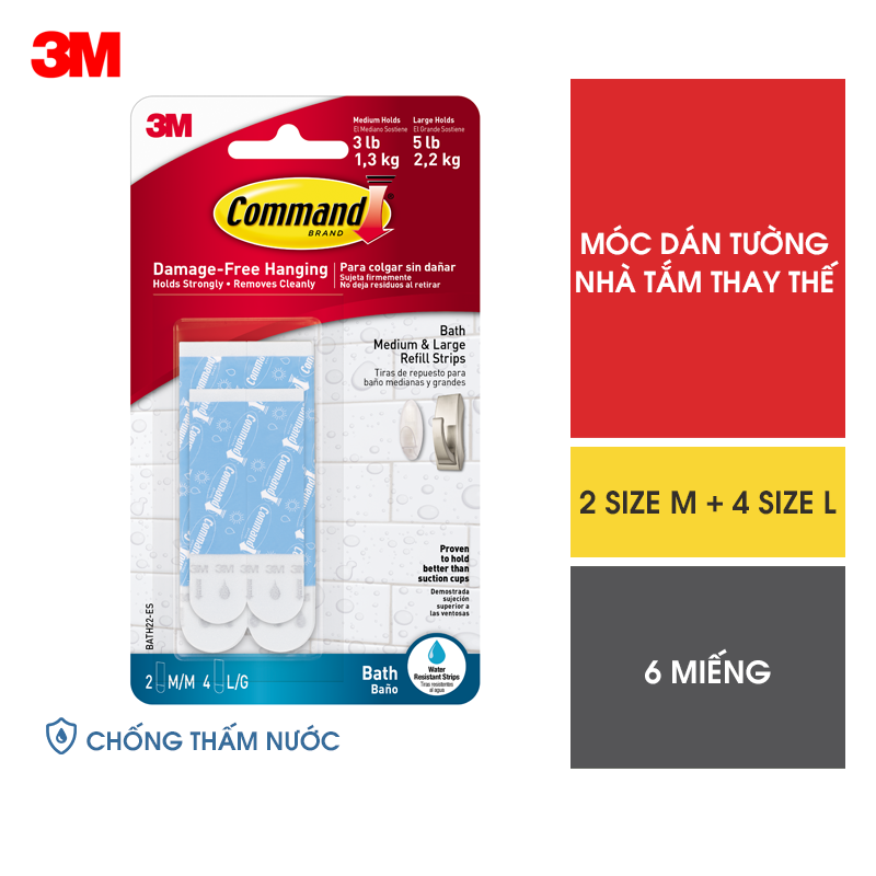 Bộ 6 Miếng keo dán thay thế chống thấm nước Command 3M cỡ vừa và lớn chịu lực từ 1.3 kg lên đến 2.2 kg BATH22