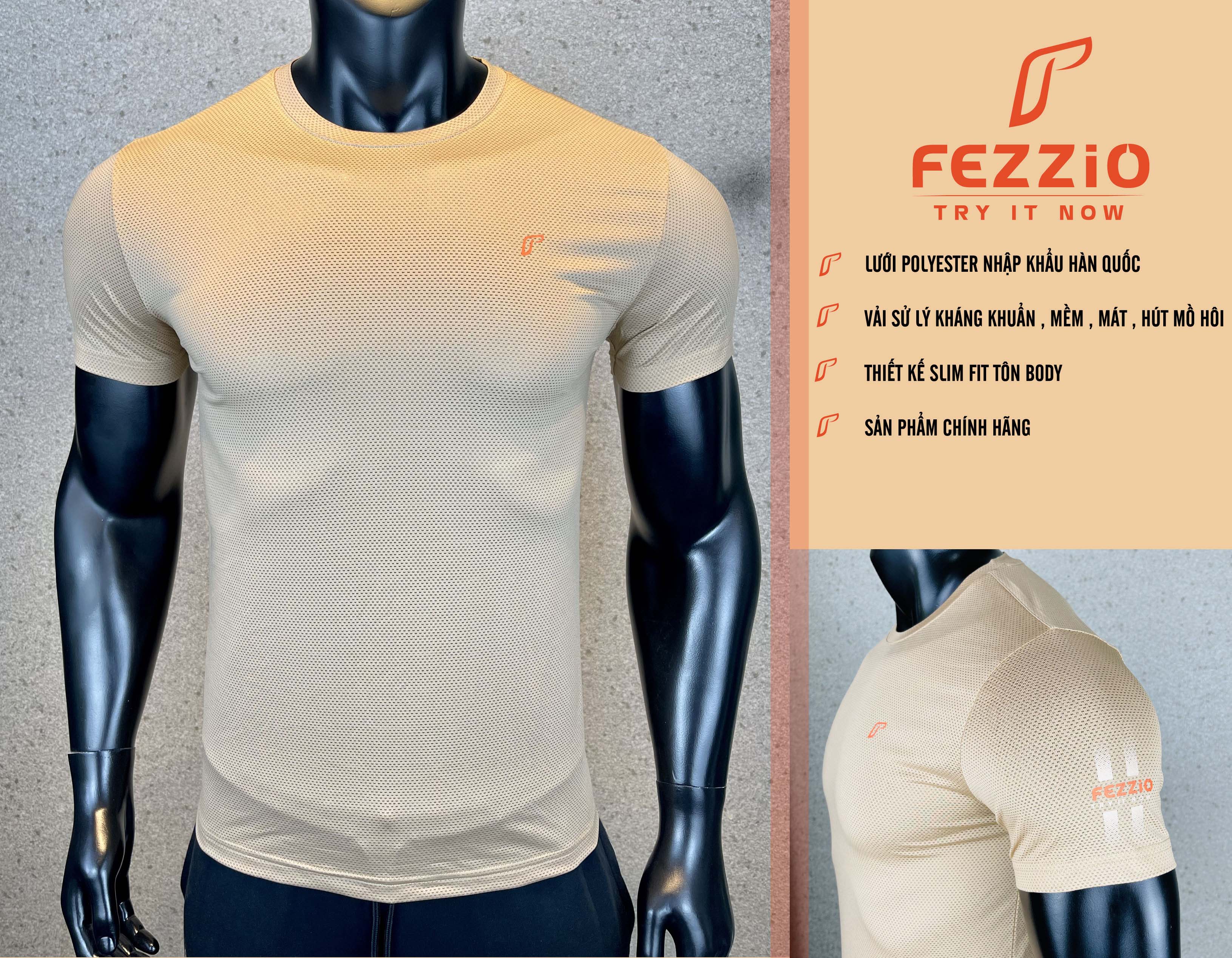 Áo thun thể thao tập gym kiểu dáng cổ tròn ôm body năng động, trẻ trung chất vải nhập khẩu Đài Loan thương hiệu Fezzio – BE – XL