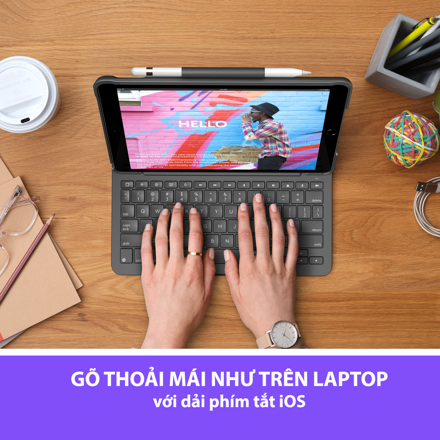 Bao da kèm bàn phím Logitech Slim Folio kết nối bluetooth dành cho iPad Gen7, Gen 8, Gen 9 - Pin đến 4 năm - Màu Đen - Hàng chính hãng