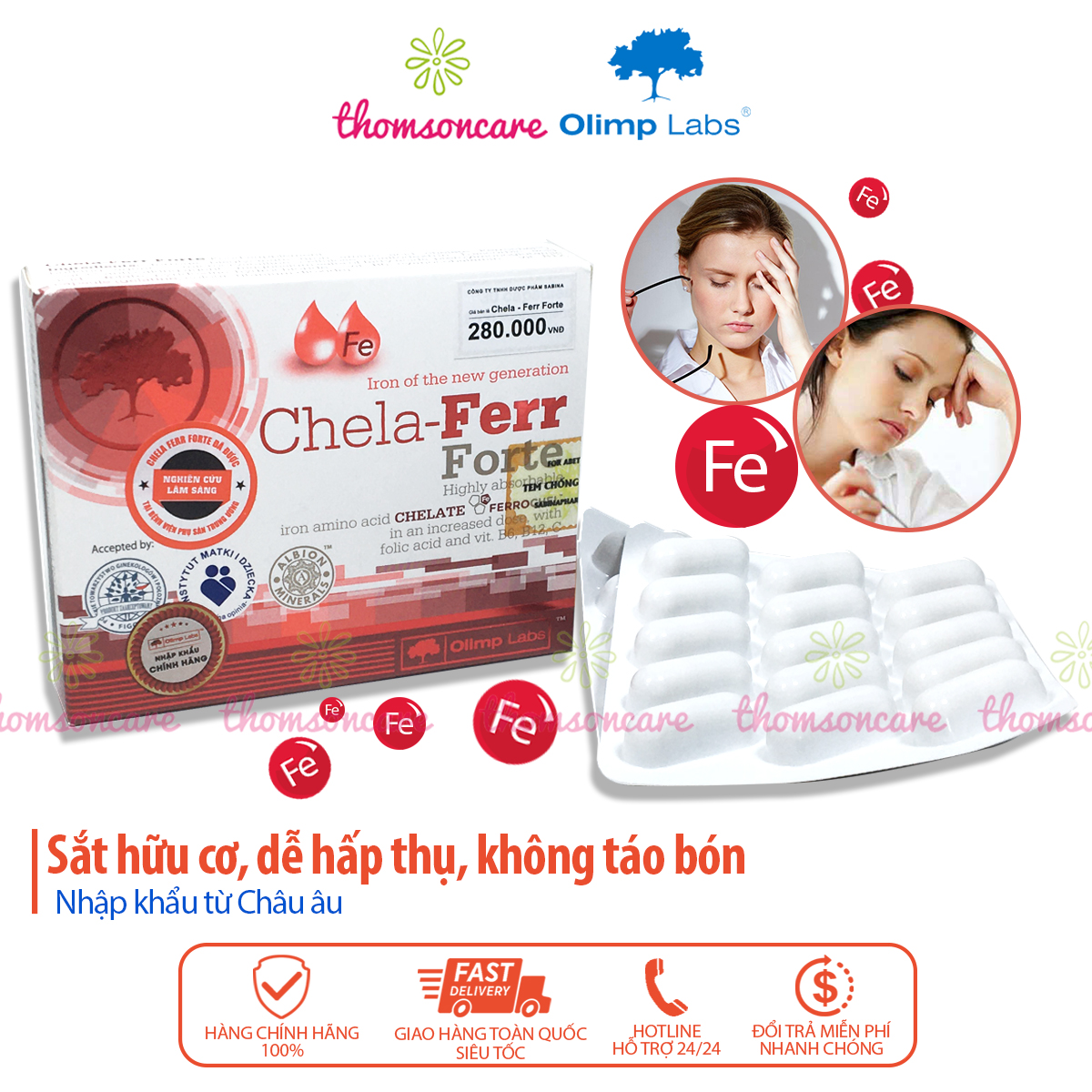 Chela Ferr Forte - Bổ sung sắt hữu cơ, Acid Folic cho bà bầu, người thiếu máu - Dễ hấp thụ, không gây táo bón - Nhập khẩu chính hãng
