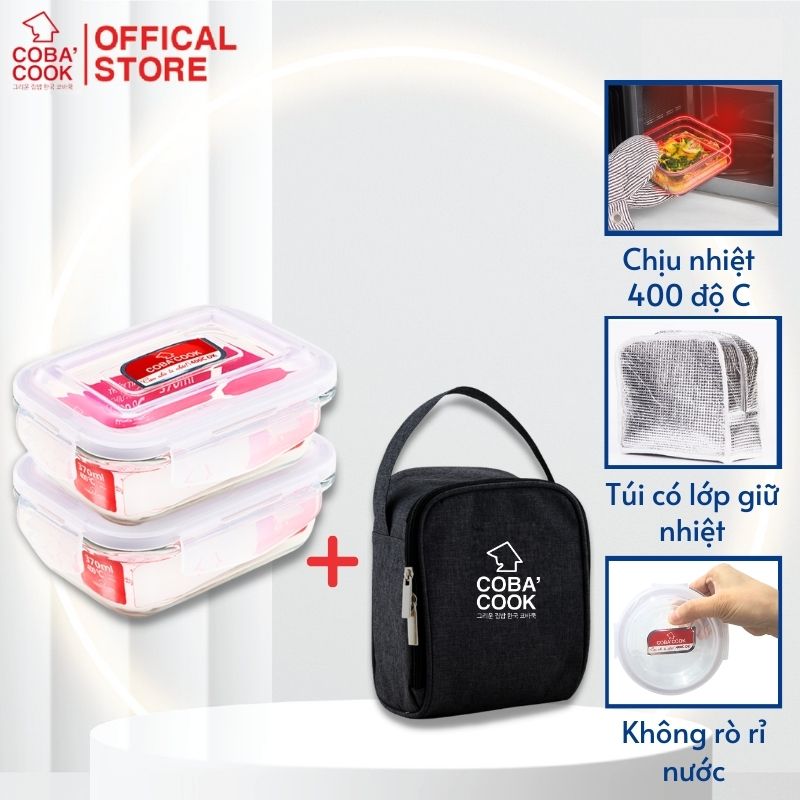 Bộ 2 hộp đựng cơm thức ăn ,trữ thực phẩm thủy tinh chịu nhiệt COBA'COOK hộp chữ nhật 370ml TẶN 1 túi giữ nhiệt - CCL32BS