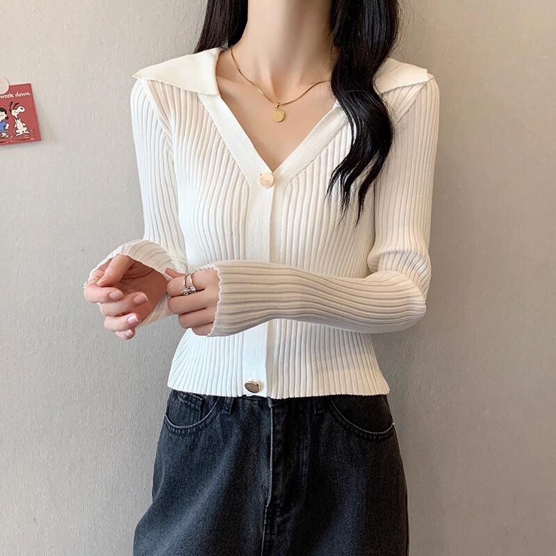 Áo len nữ dài tay cổ bẻ xẻ V cài khuy phong cách Hàn Quốc