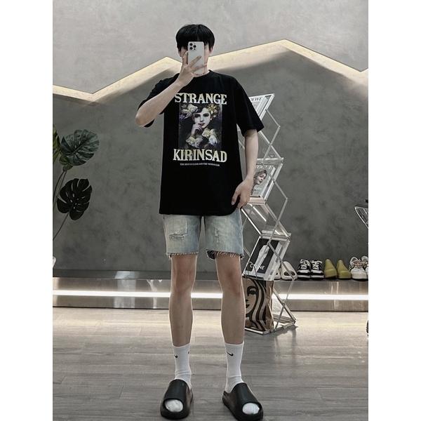 Áo thun cao cấp áo cotton tay lỡ đen cô bé màu và cô bé bông hoa