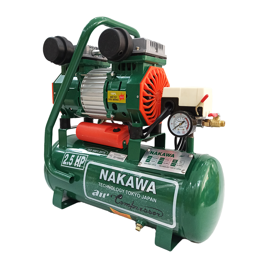 Máy nén khí gia tốc NAKAWA NK25.20, Máy chạy không dầu, Công suất 2.5HP, Bình 20L, Lên hơi siêu nhanh, Hàng chính hãng