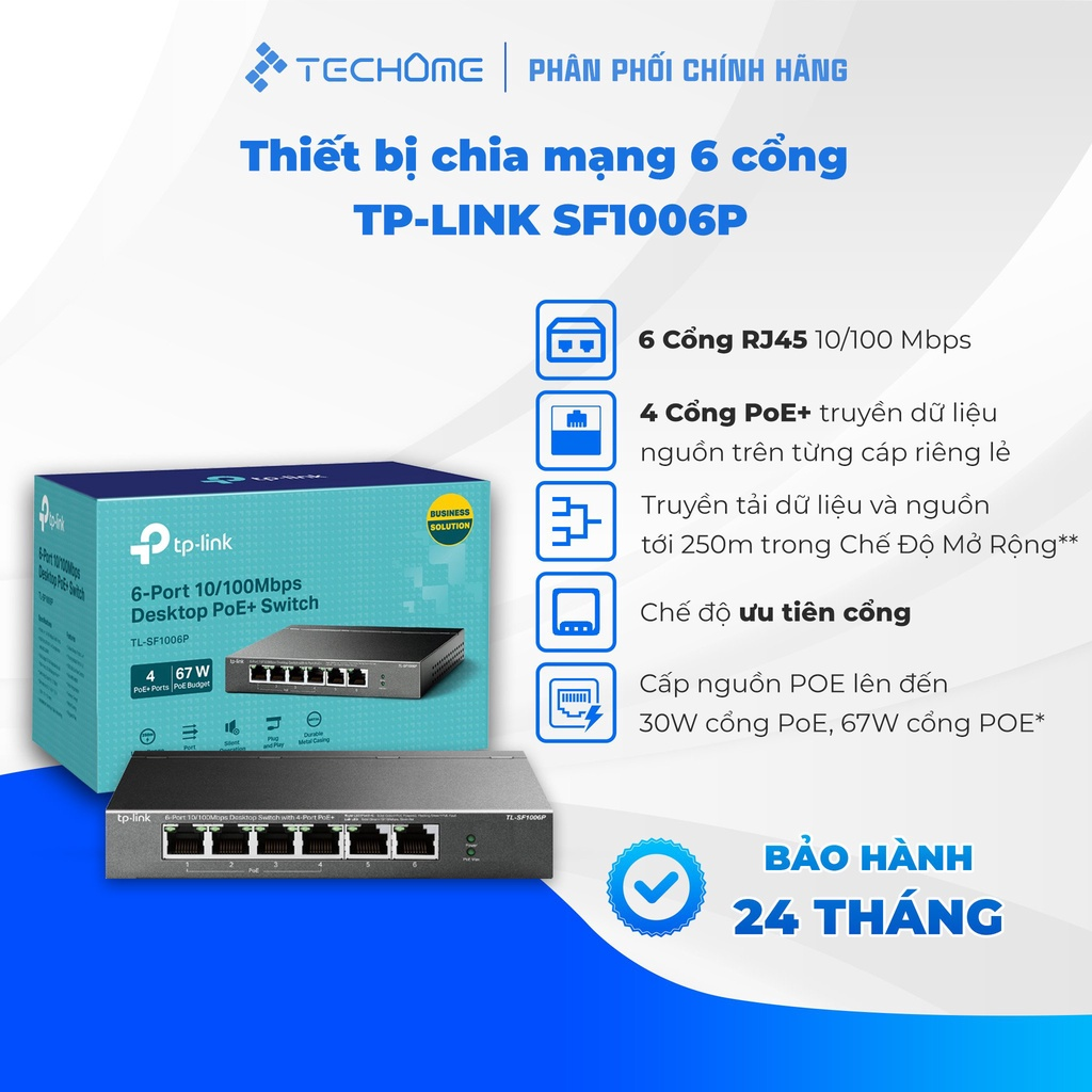 [Tặng tua vít] Thiết bị chia mạng Switch Để Bàn TP-LINK TL-SF1006P 6 Cổng 10/100Mbps với 4 Cổng PoE+ - Hàng chính hãng