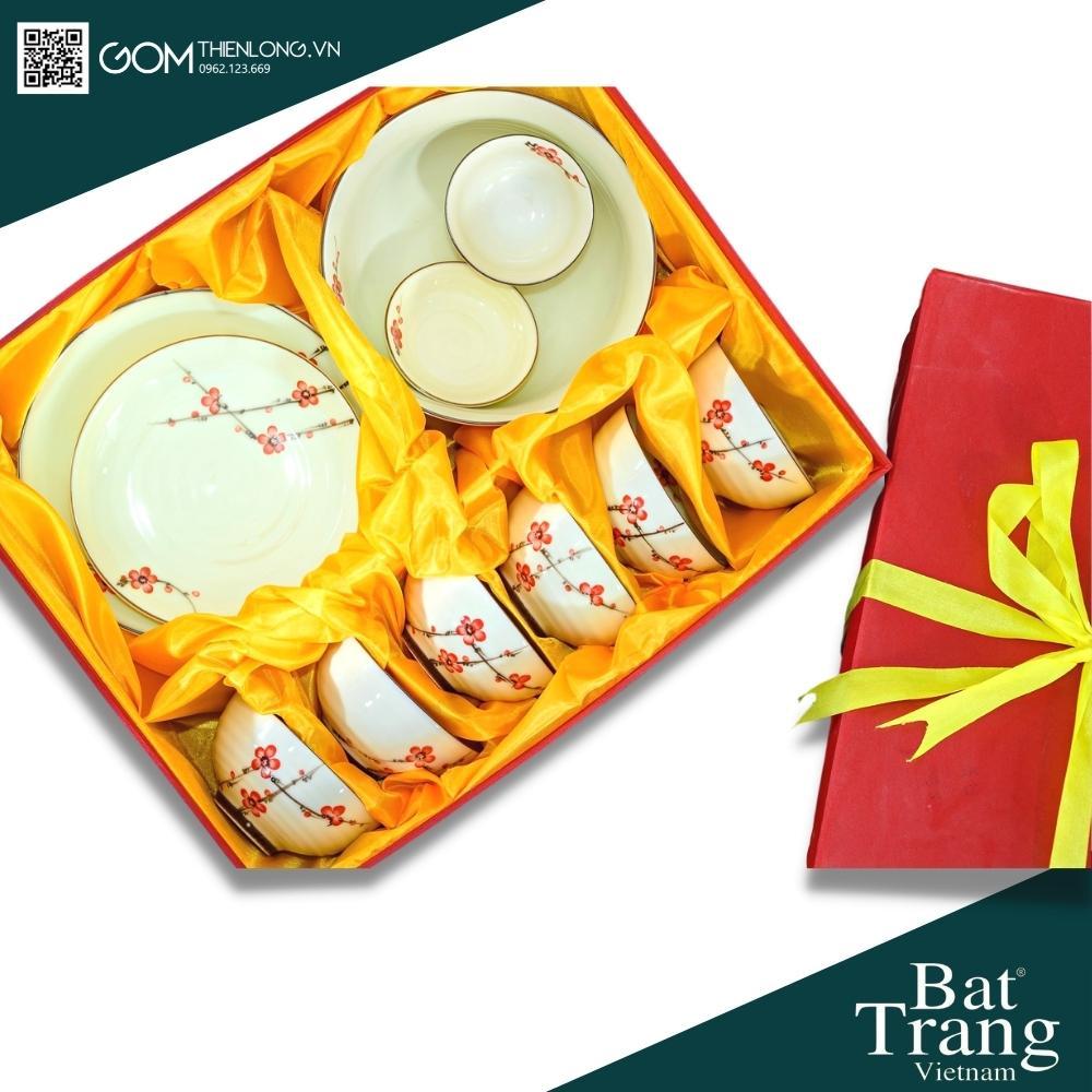 Bát Đĩa Quà Tặng Cao Cấp Vẽ Đào Đỏ - Bộ Bát Đĩa Bát Tràng - Gốm Thiên Long
