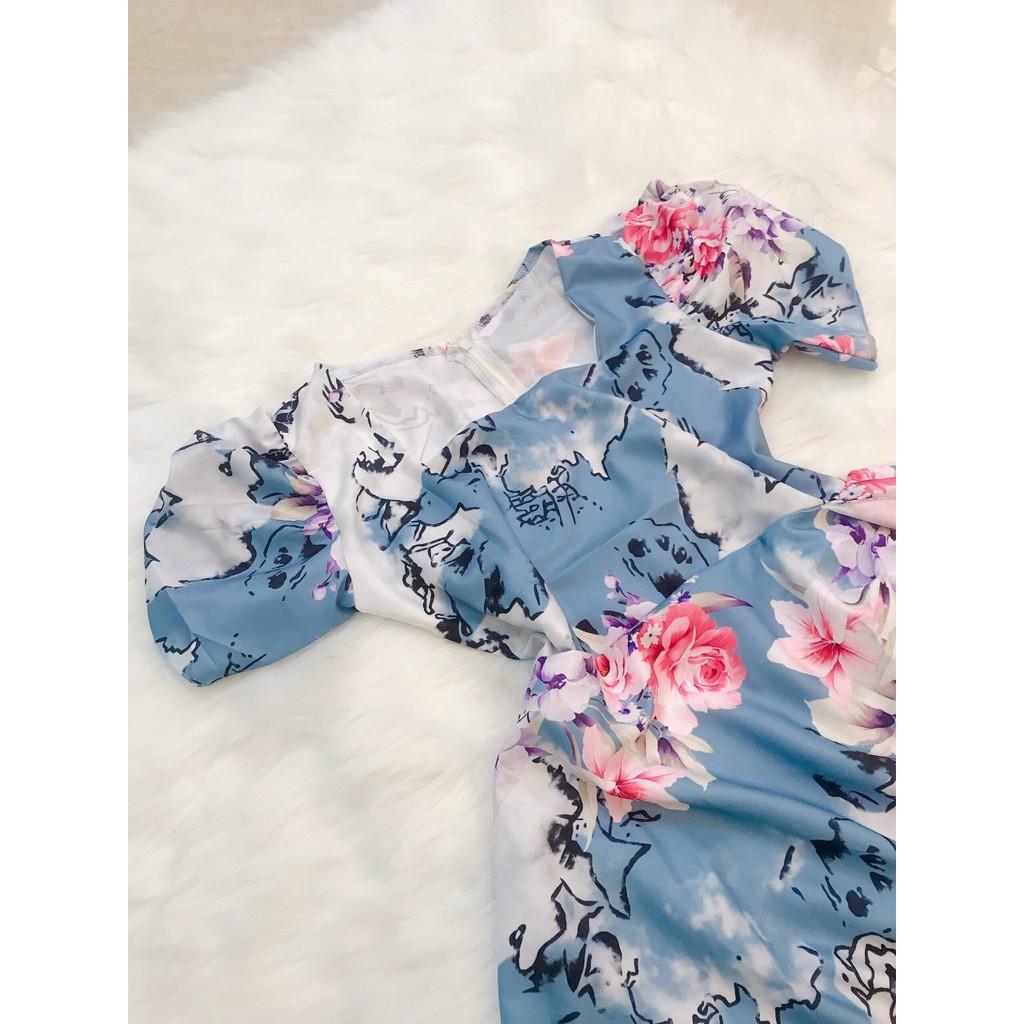 Đầm lụa xoè hoạ tiết hoa tay phồng bèo eo sang chảnh