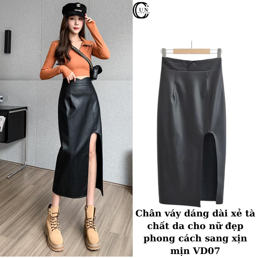 Chân váy dáng dài xẻ tà chất da cho nữ đẹp phong cách sang xịn mịn VD07