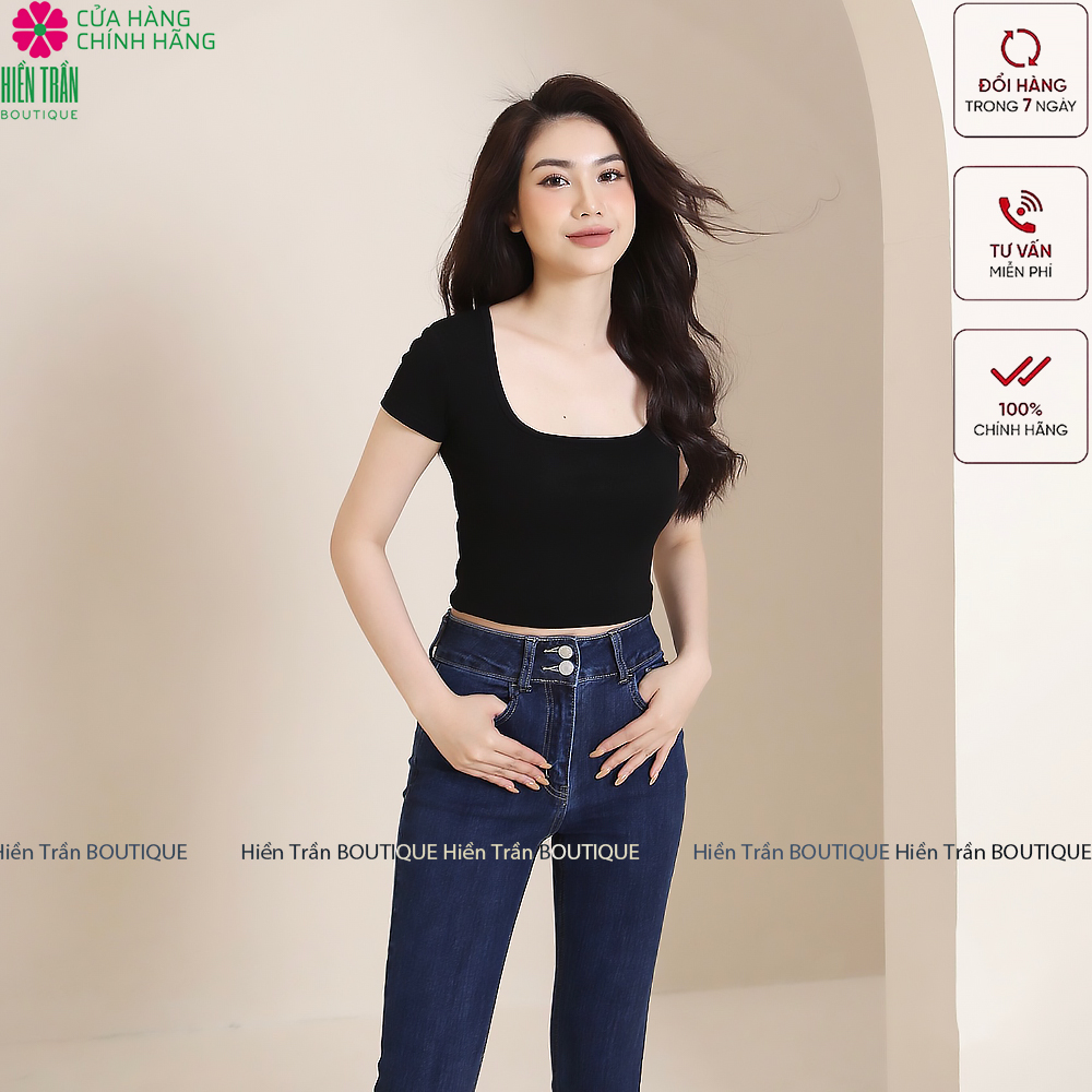 Áo croptop Hiền Trần BOUTIQUE cổ vuông cộc tay vải thun ôm body crotop nữ cotton co giãn tốt