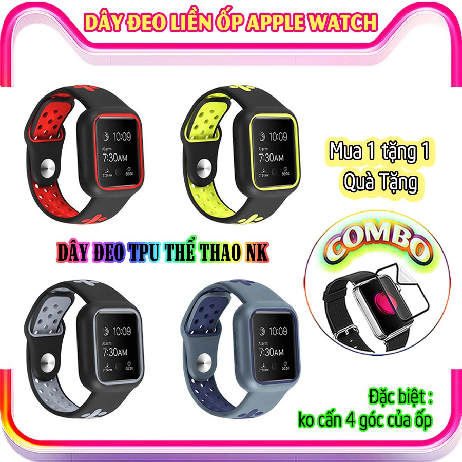 Dây Đeo liền ốp dành cho Apple Watch size 38/40/42/44mm TPU thể thao viền màu - Đen Xám (tặng dán KCL theo size)