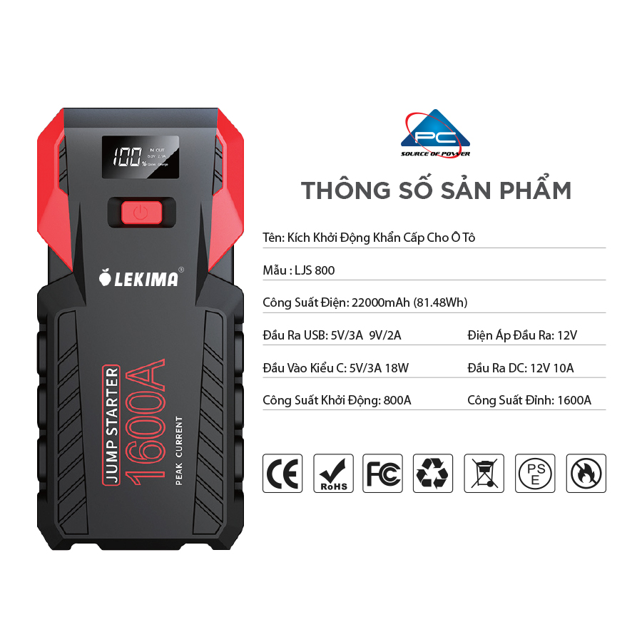 Bộ kích xe máy, xe ô tô LEKIMA LJS800 công suất lớn, dòng phóng mạnh, kiêm pin sạc dự phòng 22000mAh