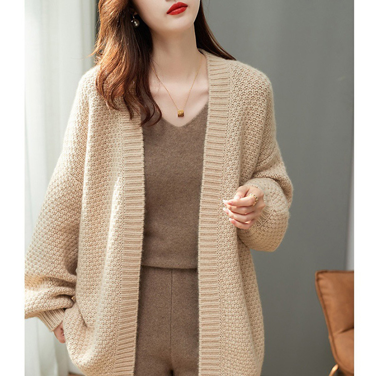 Áo khoác cardigan len nữ form rộng, len rệt tổ ong dày dặn ấm áp - Be