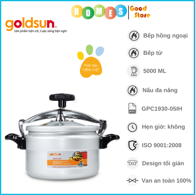Nồi Áp Suất Nhôm Đáy Từ Goldsun GPC1930-05IH Dung Tích 5 Lít Có Van An Toàn - Hàng Chính Hãng
