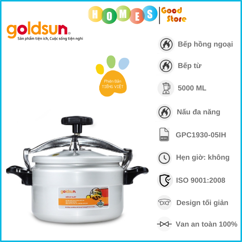 Nồi Áp Suất Nhôm Đáy Từ GOLDSUN GPC1930-05IH Dung Tích 5 Lít Có Van An Toàn - Hàng Chính Hãng