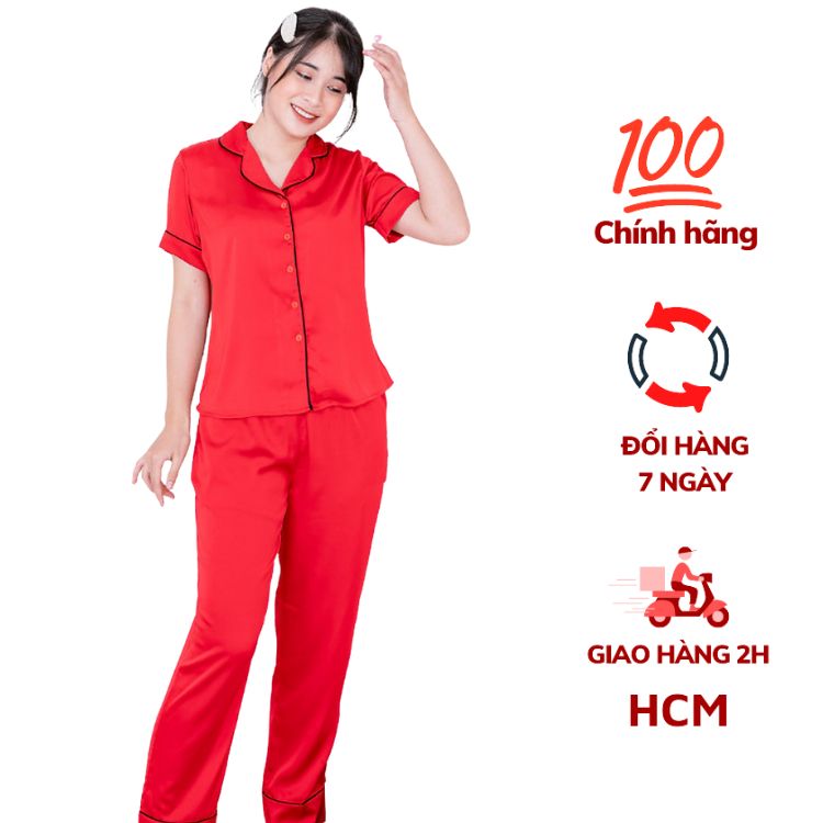 Đồ bộ pijama lụa, đồ mặc nhà nữ VILADY - B124 kiểu quần dài tay cộc họa tiết trơn, chất liệu lụa Pháp cao cấp - Màu đỏ