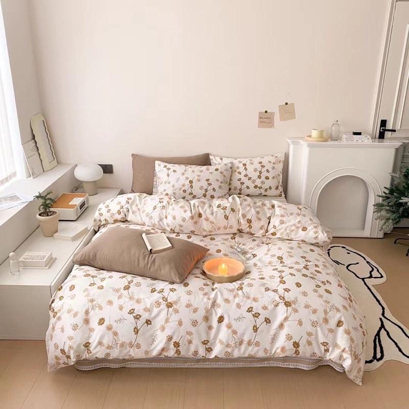 Bộ Chăn Ga Gối Cotton Living 100%cotton Hàng Nhập Khẩu Cao Cấp 4 Món Hoa Nâu