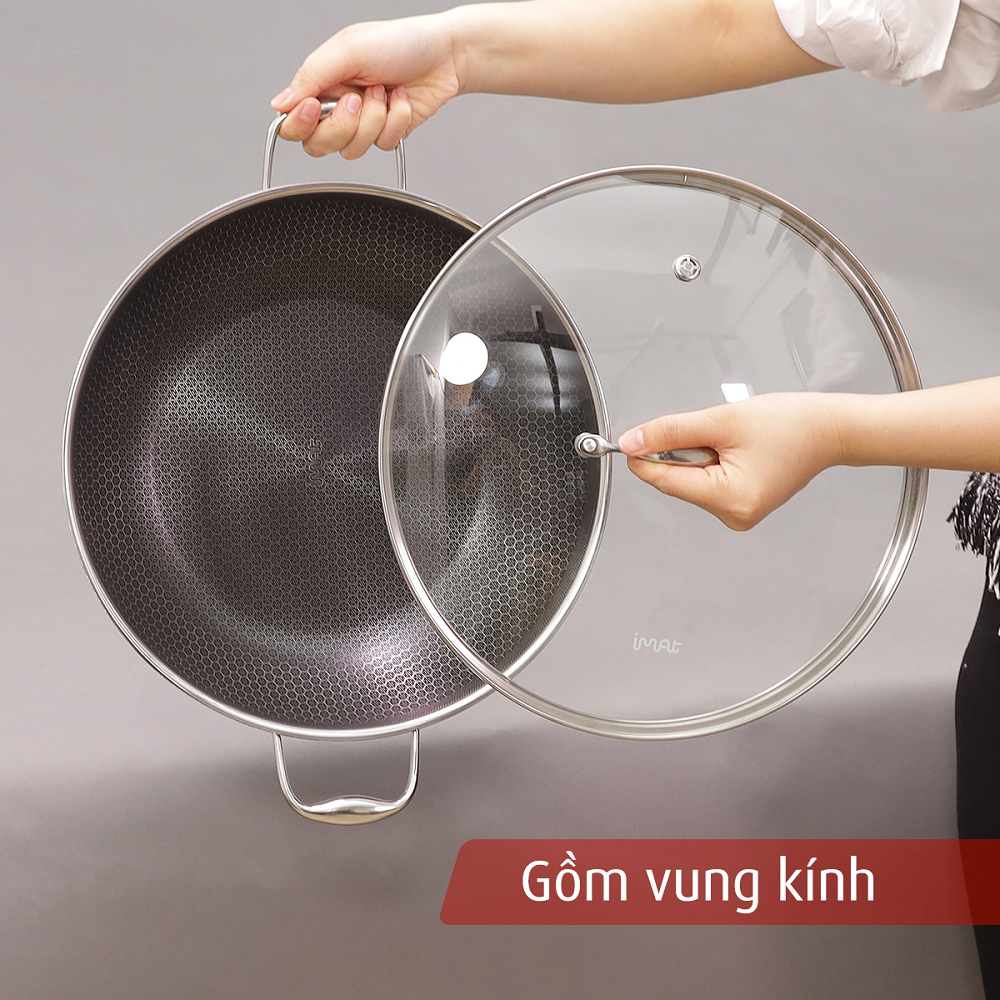 Chảo xào iNox Blackcube iMat 32cm, Tay cầm 2 bên, nắp kính cường lực.