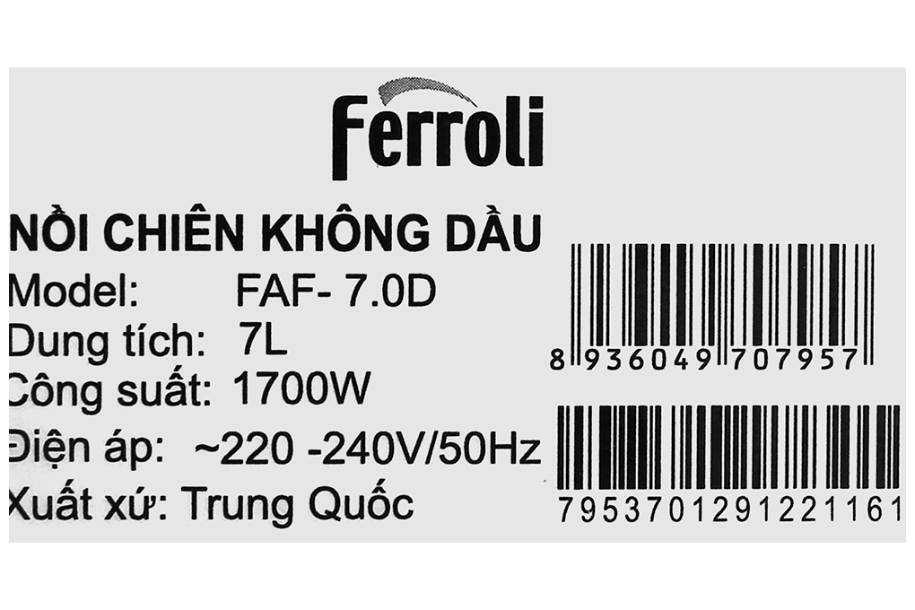 Nồi chiên không dầu Ferroli FAF-7.0D 7 lít - Hàng chính hãng