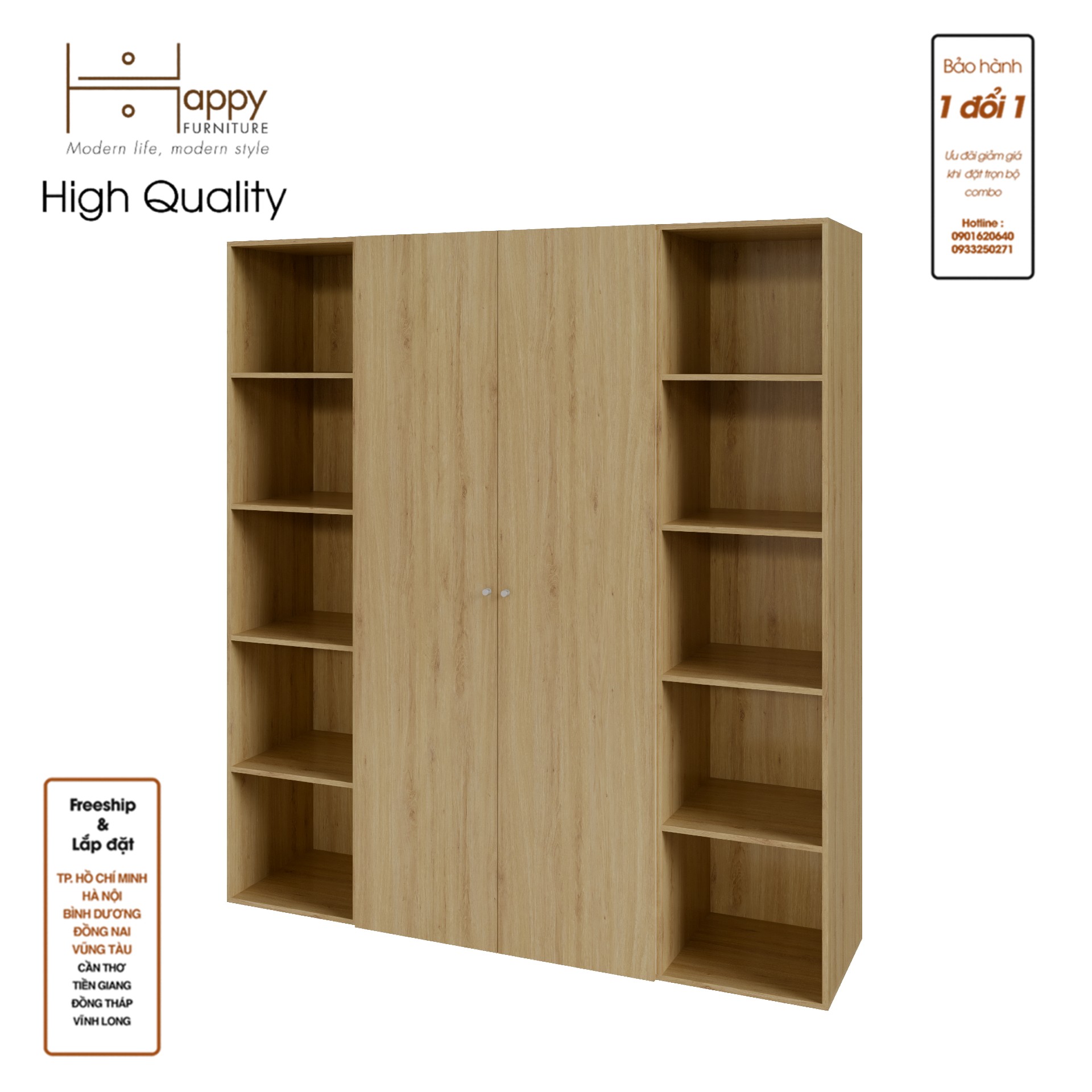 SCANDINA, Tủ quần áo 2 cửa mở kết hợp 2 kệ bên ,200cm x 55cm x 220cm , TCM_100