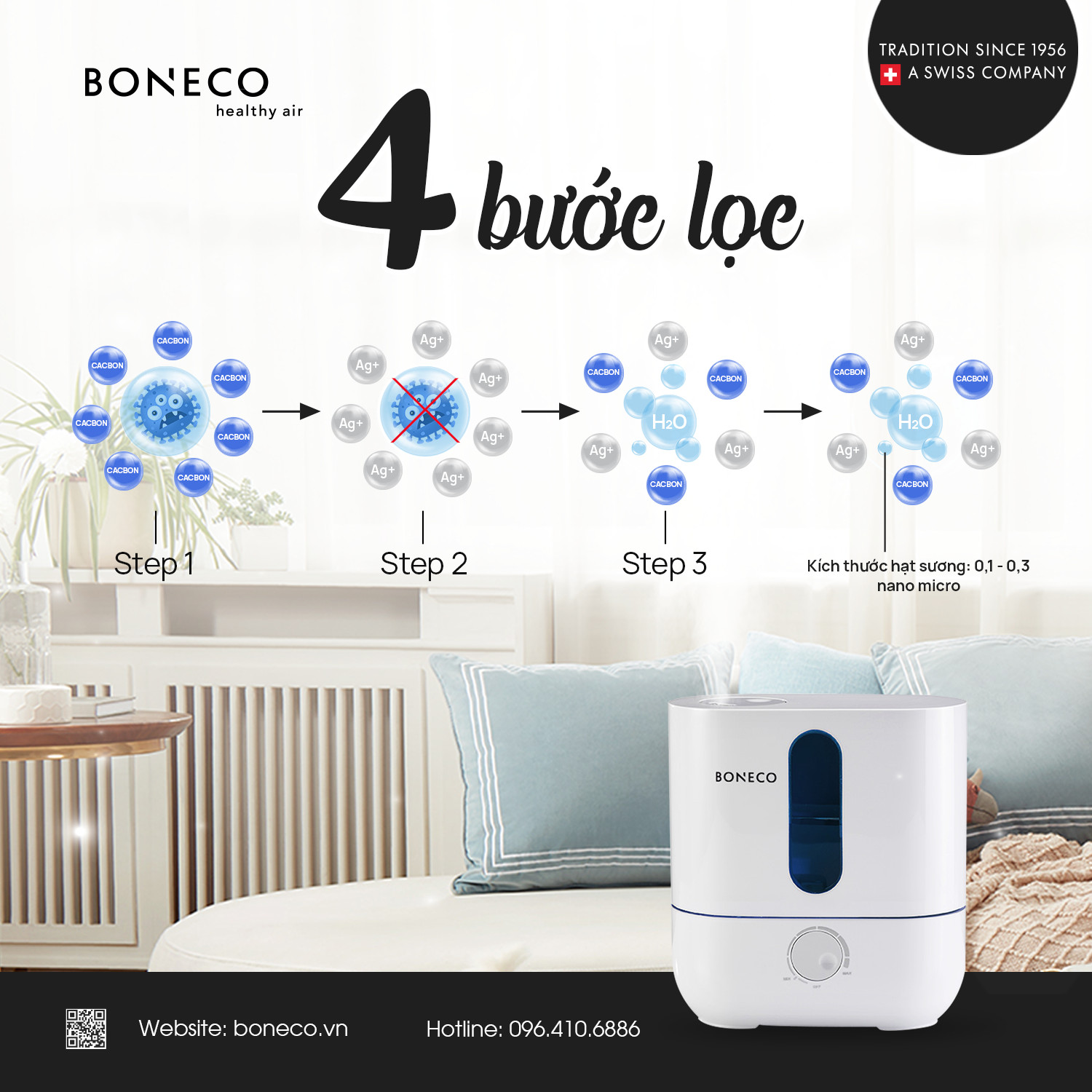Máy Phun Sương Tạo Ẩm Cao Cấp BONECO U200 Khuếch Tán/Xông Tinh Dầu, Bộ Lọc Kháng Khuẩn Chống Viêm Mũi Cho Trẻ Em, Giữ Ẩm Da - Hàng Nhập Khẩu