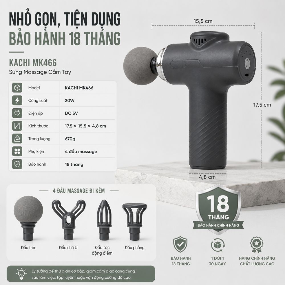 Súng Massage Cầm Tay KACHI MK466 Công Suất 20W - 4 Đầu Massage Giảm Đau Cơ Sâu - hàng chính hãng