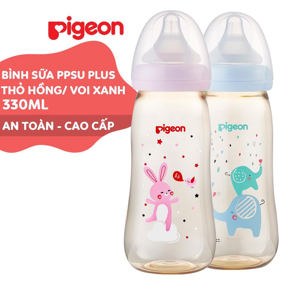 Bình sữa cổ rộng PPSU Plus Voi xanh/ Thỏ hồng Pigeon 330ml (L)