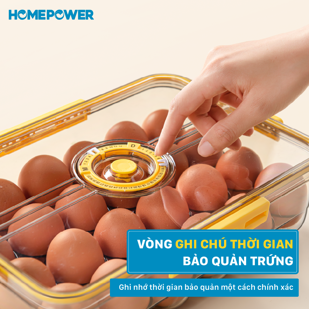 Hộp đựng trứng, khay trứng, hộp bảo quản thực phẩm tủ lạnh Homepower cao cấp, trên nắp đậy có phần ghi chú thời gian bảo quản tiện lợi