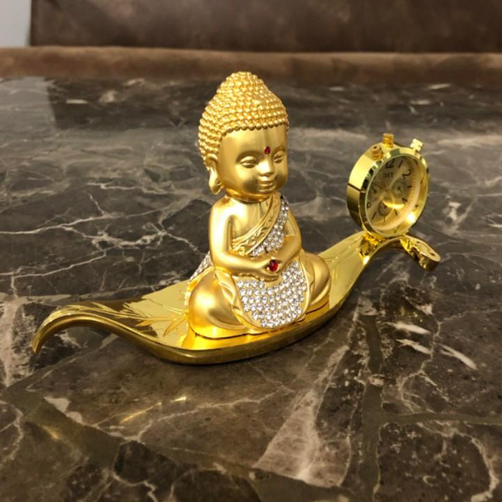 Tượng phật đúc đồng mạ vàng, kiêm đồng hồ trang trí trên bàn làm việc, taplo ô tô, xe hơi cao cấp - Mã A72542