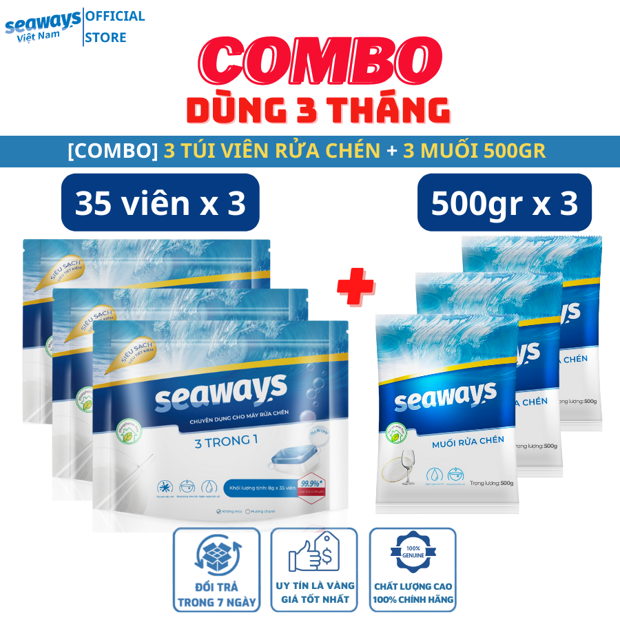 [COMBO DÙNG 3 THÁNG] 3 túi viên rửa chén Seaways (35 viên x 3) + 3 túi muối 500gr- Dành cho mọi loại máy rửa chén bát