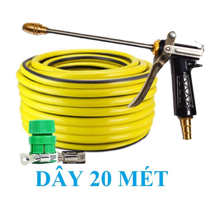 ️ Bộ dây vòi xịt nước rửa xe, tưới cây . tăng áp 3 lần, loại 20m 206236 đầu đồng,đai +tặng mở chai