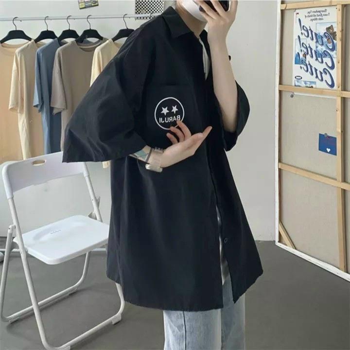 Áo Sơ Mi Tay Lỡ MẶT CƯỜI TÚI Chất Kaki Form rộng Unisex Nam/Nữ Phong Cách Hàn Quốc Ulzzang