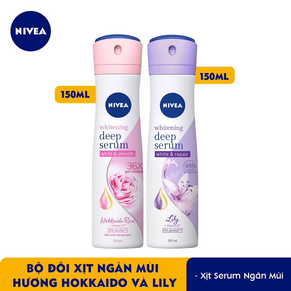 TẶNG XỊT NGĂN MÙI HƯƠNG HOA LILY-  Xịt Ngăn Mùi Nivea Serum Trắng Mịn Hương Hoa Hồng Hokkaido (150ml) 85304