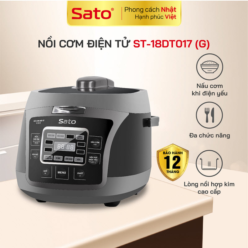 Nồi cơm điện tử SATO ST-18DT017 (G) 1.8L dùng cho 4 đến 6 người lớn, nồi cơm thông minh đa chức năng, nấu cơm, nấu cháo, hầm, làm bánh, nấu cơm khi điện yếu - Hàng chính hãng