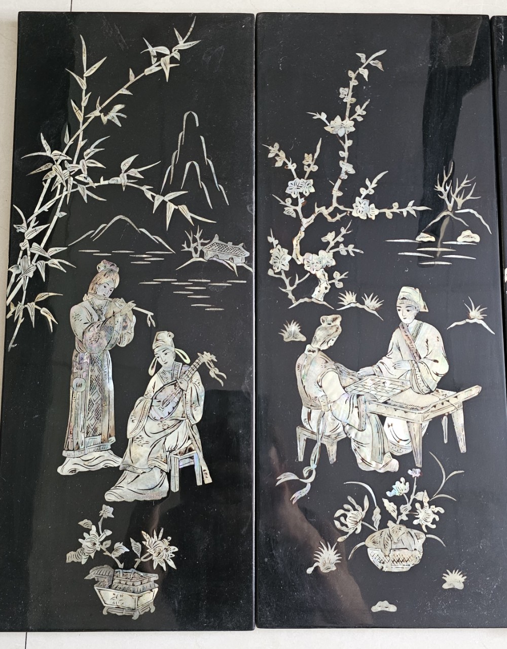 Tranh sơn mài 4 tấm CẦM KÌ THI HỌA, sơn mài xưa, cẩn ốc chìm đẹp 50x80 cm