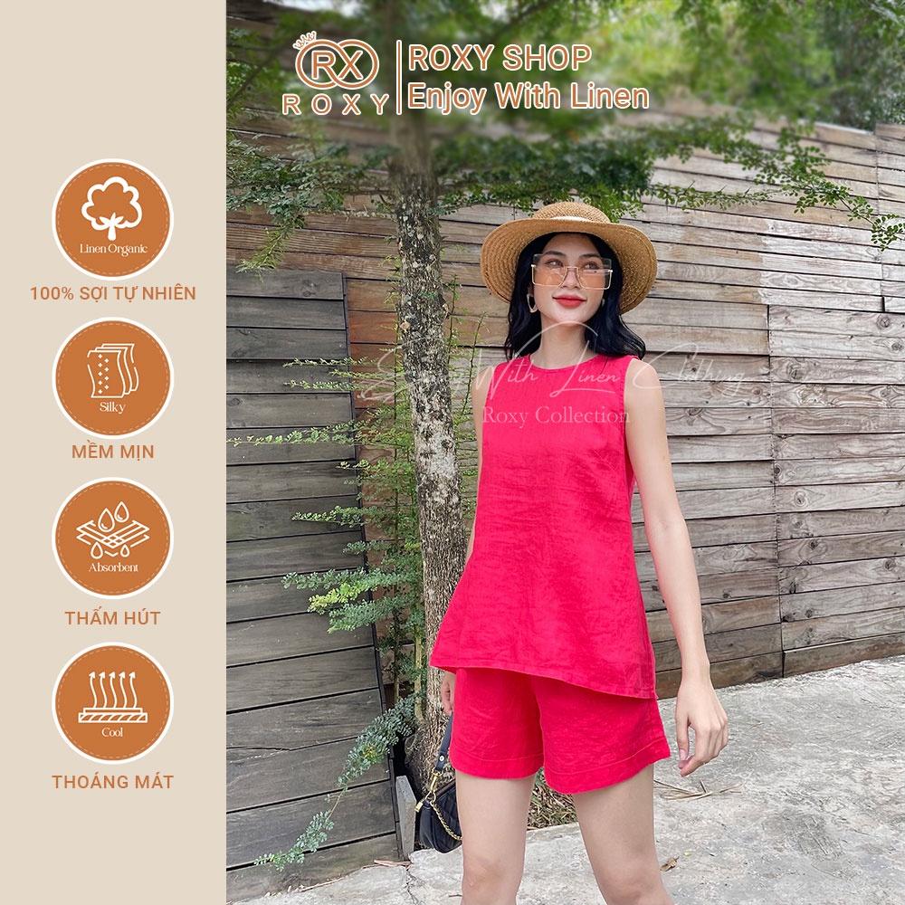 Set Bộ Đồ Nữ Linen Sát Nách Roxy, Dáng Yếm Nút Xẻ Sau Trẻ Trung Năng Động