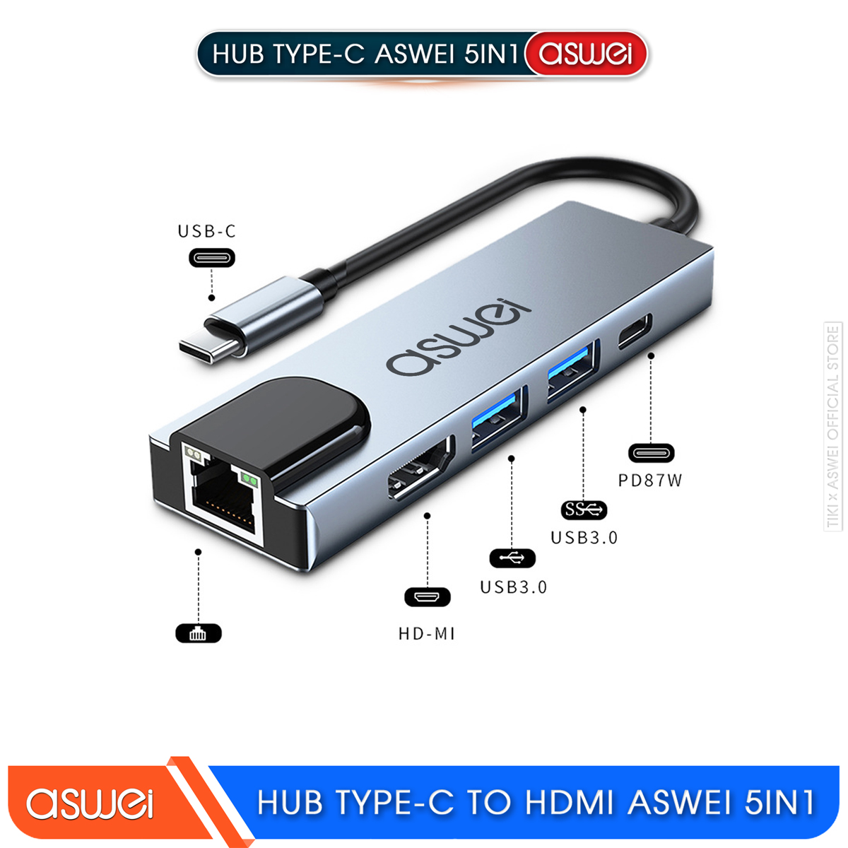 Hub Type C ASWEI 5 in 1 To HDMI, USB 3.0, Lan RJ45, PD 100W - Hàng Chính Hãng