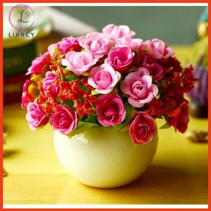 Chậu tròn hoa giả mini cắm sẵn để bàn nhiều mẫu cao 15cm