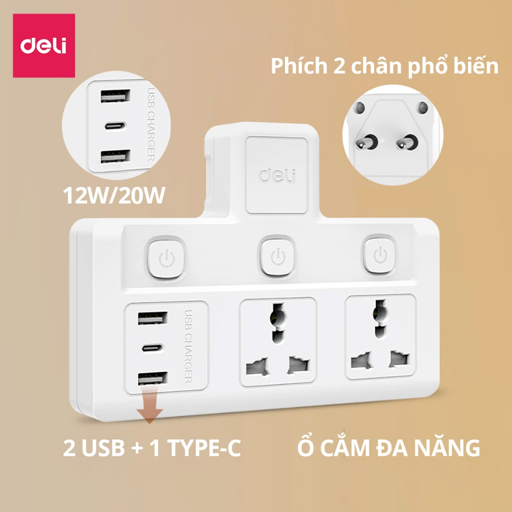 Ổ Cắm Chia Điện Deli, Ổ Cắm Điện Chữ T Công Suất 2500W Tích Hợp Cổng USB &amp;TypeC Sạc Nhanh 20W