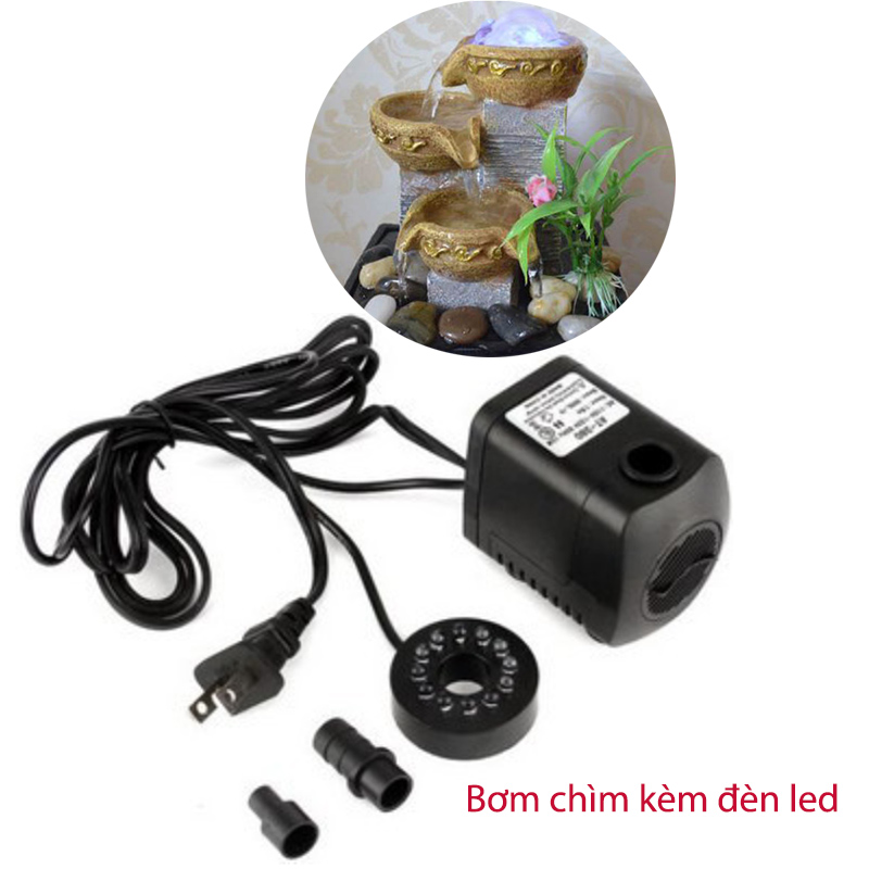Bơm chìm mini kèm đèn led cho đài phun mini, bể cảnh, tiểu cảnh