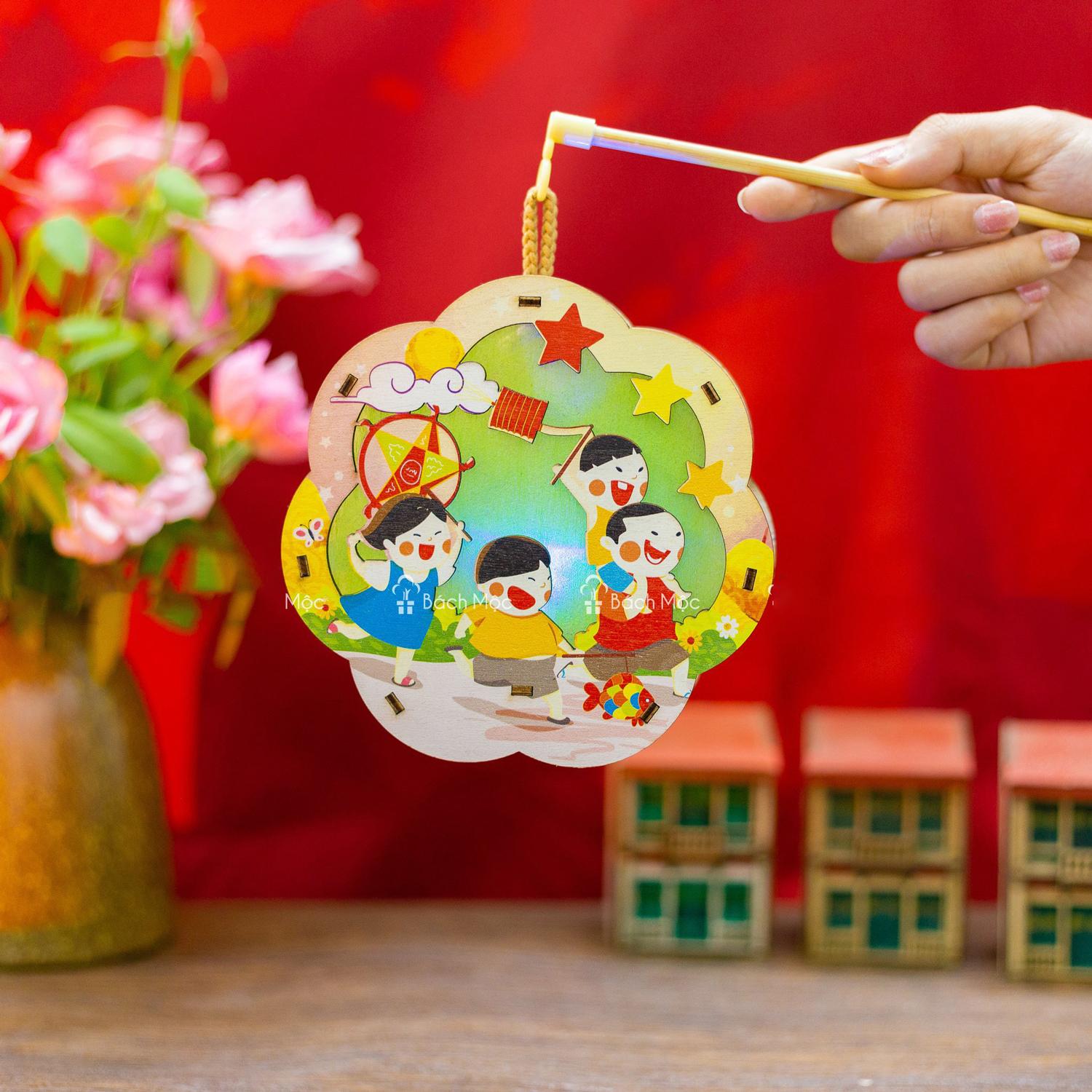 Lồng Đèn Trung Thu Gỗ 2 Mặt Màu - Bách Mộc - Rước Đèn Hoa