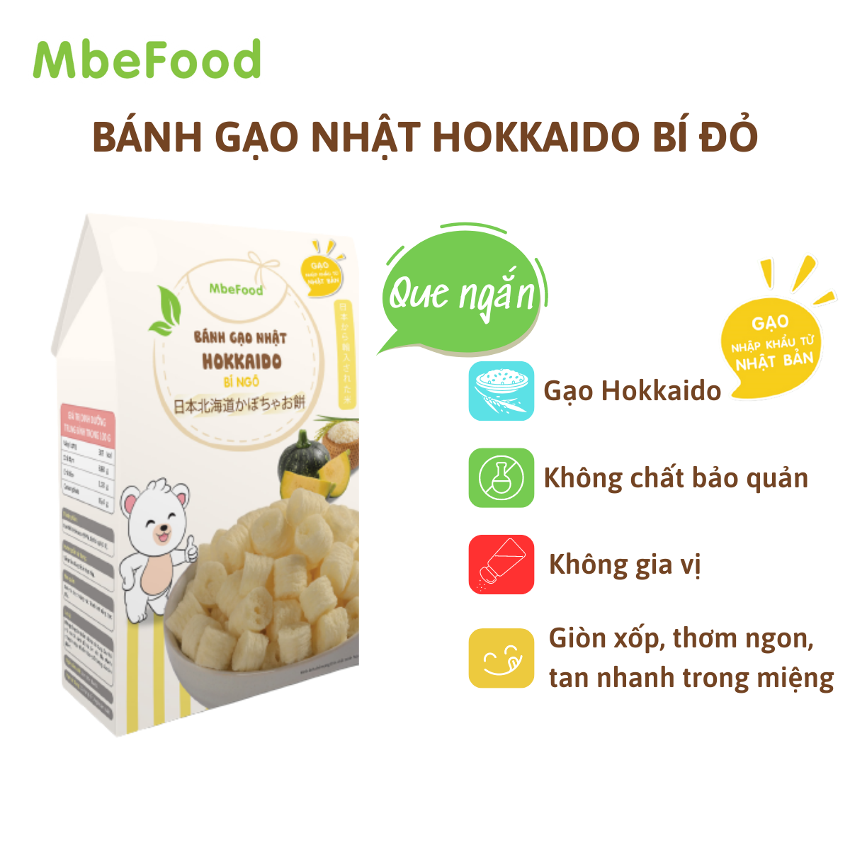 Bánh ăn dặm cho bé MBEFOOD Bánh gạo Nhật Hokkaido bí ngô que ngắn