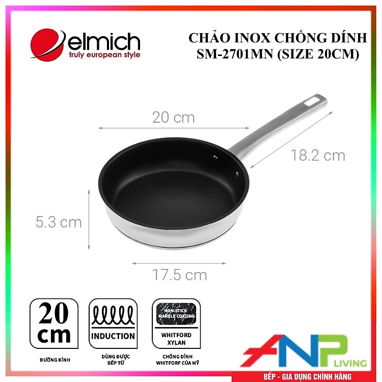Chảo INOX Chống Dính 3 Lớp Đáy Từ Elmich SM-2701 Size 20cm, SM-2702 Size 24cm - Hàng chính hãng